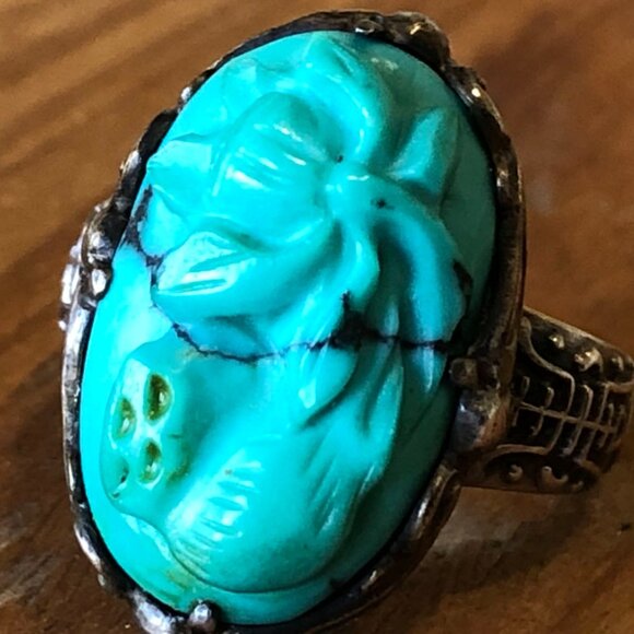 Vintage Asian Sterling Silver & Carved Turquoise Ring Adjustable Size 5 - Picture 3 of 7